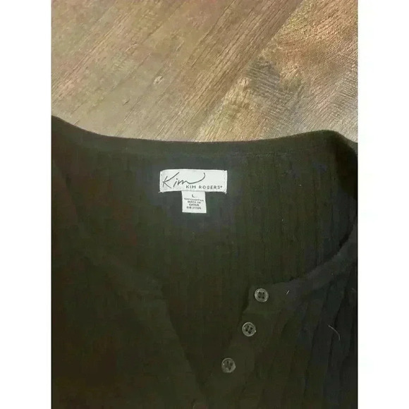 Kim Rogers Womens L Black Grey Stripe Henley Button Neck Long‎ Sleeve Sweater - Picture 7 of 11